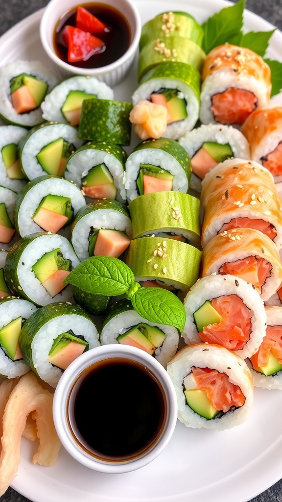 California sushi rolls with avocado, cucumber, and crab meat on a platter, served with soy sauce and wasabi.